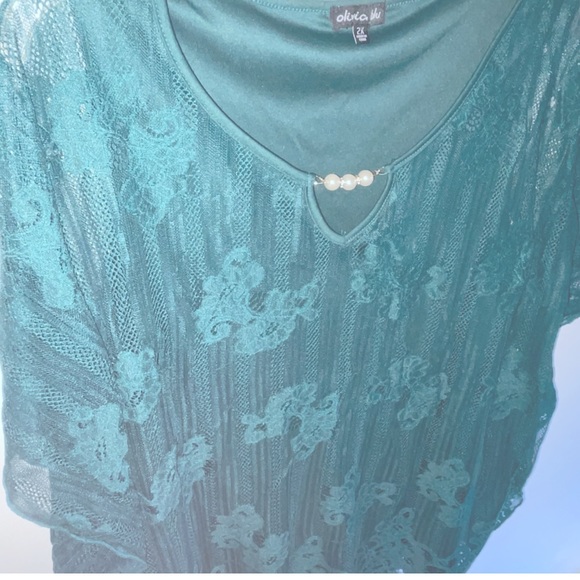 🔥3 for $23🔥 Green Layered Lace Blouse With Pearl Accent - Picture 7 of 8
